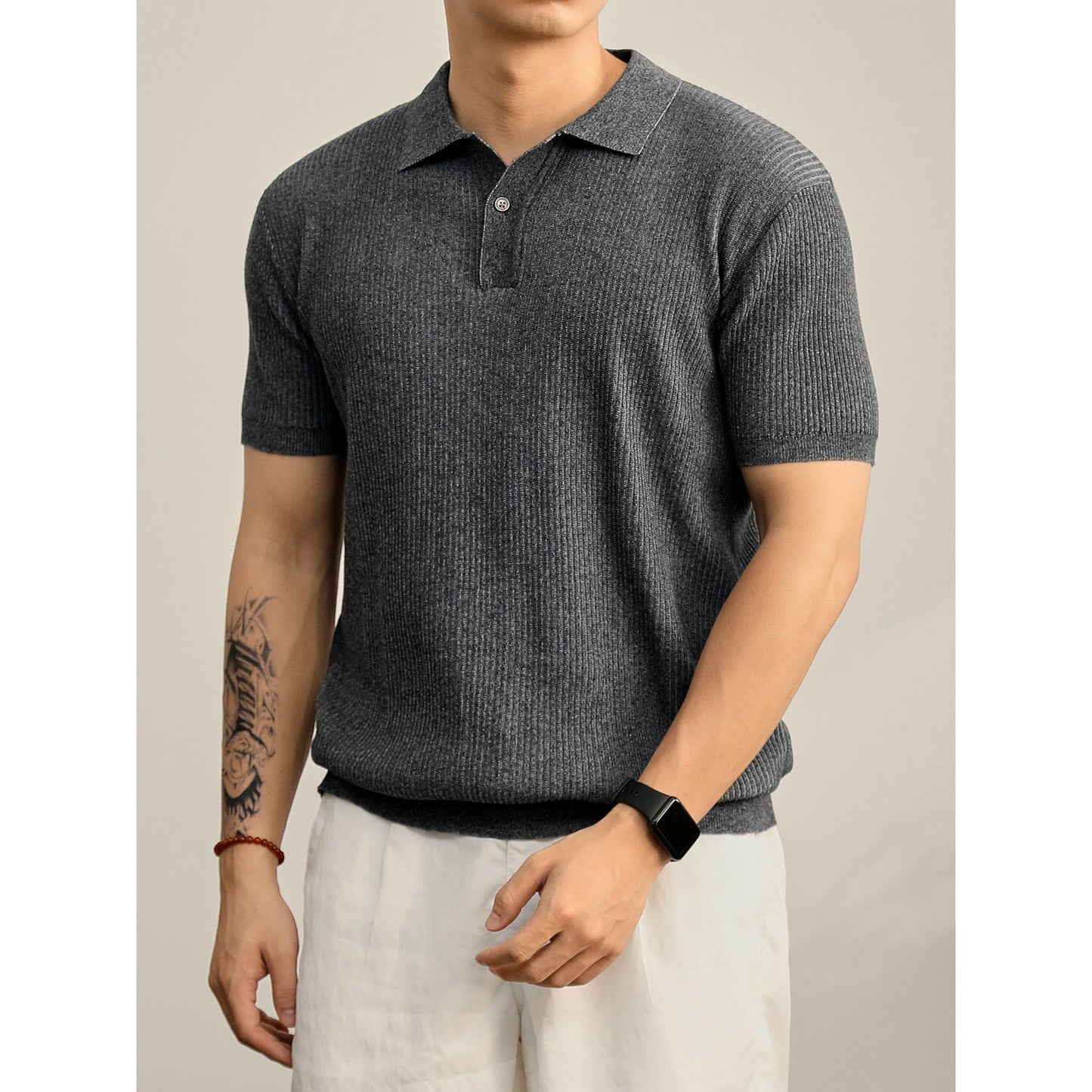 Ribbed Knit Polo Shirt