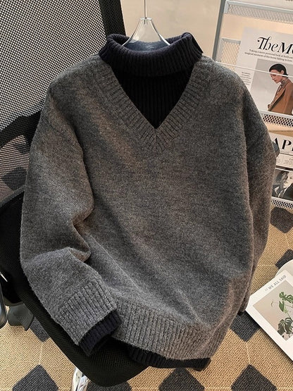High Neck Fake Two Piece Mens Knit Sweater
