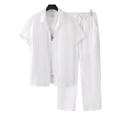 Men's Striped Short Sleeve Shirt and Drawstring Long Pants Casual Suit Set