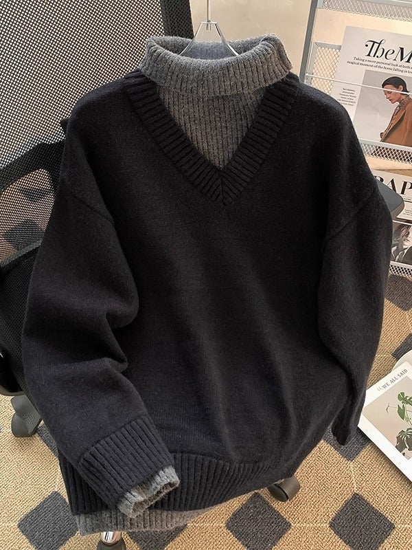 High Neck Fake Two Piece Mens Knit Sweater