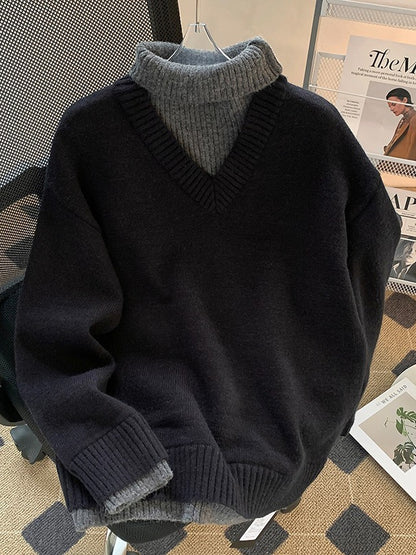High Neck Fake Two Piece Mens Knit Sweater