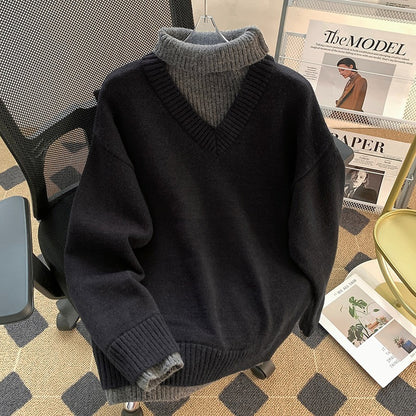 High Neck Fake Two Piece Mens Knit Sweater